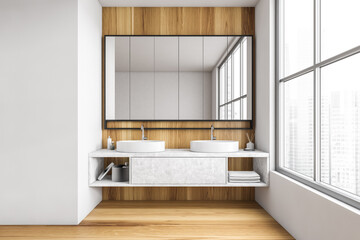 Wooden and white bathroom with two sinks, mirror and big window