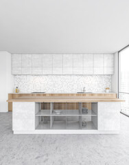 White and wooden kitchen set near window with wooden kitchen table