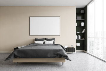 Mockup frame in beige bedroom, grey bed with linens near window