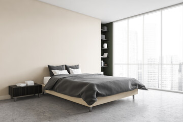 Fototapeta na wymiar Beige bedroom, grey bed with linens black bookshelf near window