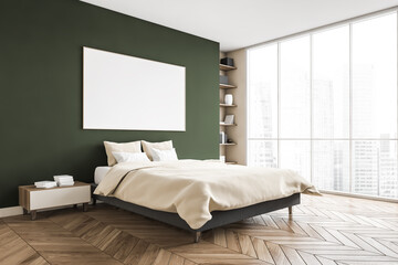 Mockup canvas in green and beige bedroom, bed with linens near window