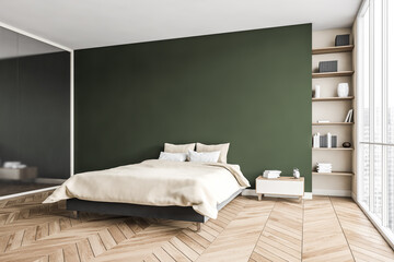 Fototapeta na wymiar Green and beige bedroom, bed with linens bookshelf and mirror wardrobe