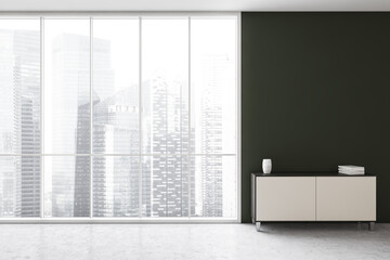 White small chest of drawers against green wall and window with city view