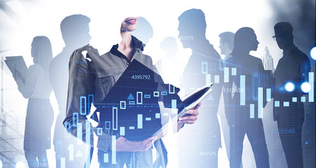 Young woman with folder and her business team, graphs