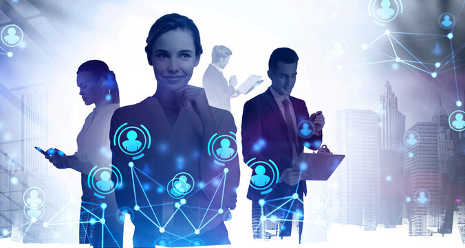 Four young business people in city, HR network