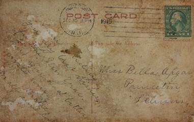 Reverse side of  old post card, circa 1915. Image in vintage grunge style