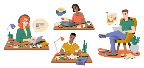 Man and woman journalists correspondence write articles on typewriter, laptop, piece of paper. Vector secretaries or freelancers on workplace, typing posts, cup of tea coffee, books and pens on table