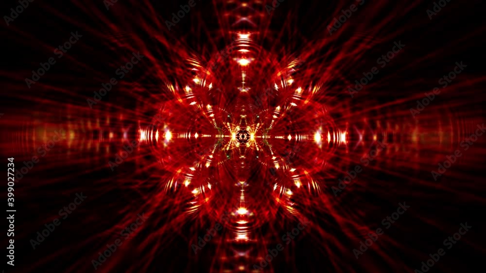 Poster abstract sci-fi tunnel transformer with glowing neon red orange gold electronic light rotate. 4k loo