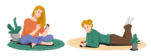 Young girl with smartphone in hands sitting and lying on carpet at home, plants on floor. Vector student chatting, browsing, watching movies, speaking on mobile phone. Girls spend leisure time