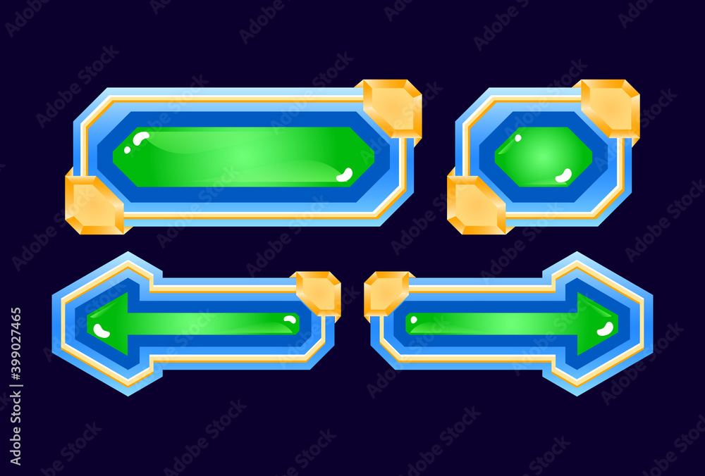Poster set of 2d diamond golden pink jelly game ui button icon for gui asset elements vector illustration