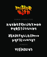 Fiery font. Burning letters. Lettering. Letters and numbers. English fire alphabet on a black background. Hell fire. Vector illustration on a black background.