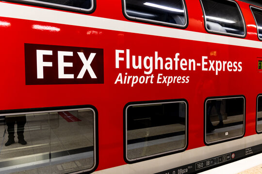 Schönefeld, Germany - November 1, 2020 - Lettering of the FEX Line on a regional train from Berlin Central Station to Berlin Brandenburg Airport (BER)