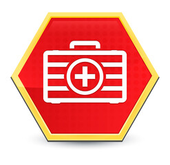 First aid kit icon abstract red hexagon button bright yellow frame elegant design