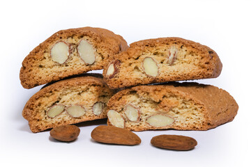 Cantuccini italian biscuits with almonds detail or macro isolated on white background