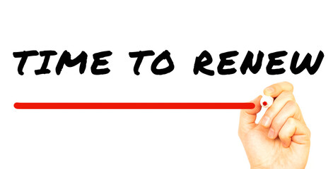 Hand writing TIME TO RENEW with red marker. Isolated on white background.