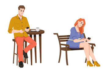 People use smartphone in public places, in park woman sitting on bench, man in cafe at table with cup of coffee. Vector adult male and female with mobile phones outdoors, chatting freelancers