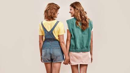 Back view of two young girls, twin sisters in casual wear holding hands, looking at each other,...