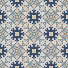 Fototapeta na wymiar Bright creative trendy color abstract geometric mandala pattern in gray blue orange, vector seamless, can be used for printing onto fabric, interior, design, textile, pillow, carpet.