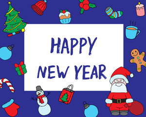 Happy New Year, vector illustration. Positive Christmas and New Year greeting card. Lettering composition with frame of celebration elements. Cartoon smiling Santa. Script inscription