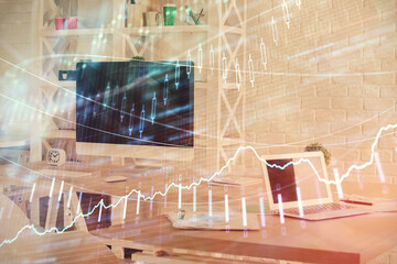 Double exposure of financial graph drawing and office interior background. Concept of stock market.