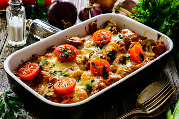 Noodle casserole with minced meat, mozzarella cheese and vegetables on wooden table
