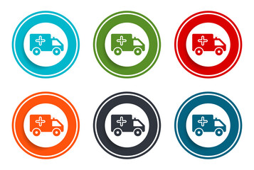 Fototapeta premium Ambulance icon flat vector illustration design round buttons collection 6 concept colorful frame simple circle set