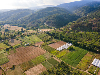 Aerial Panoramic view of Petrich valley, Bulgaria