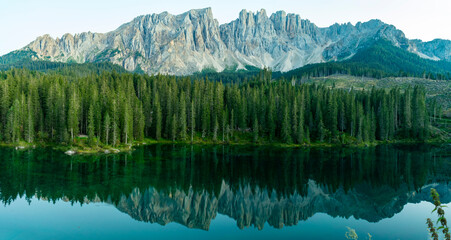 Italy, South Tyrol, Karersee - 5 September 2020 - Overview of the Karersee and the Latemar