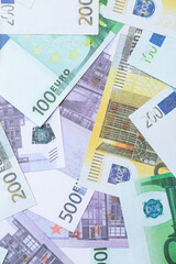 Banknotes of 100 euros, 200 euros and 500 euros. Euro banknotes. Finance, currency exchange.