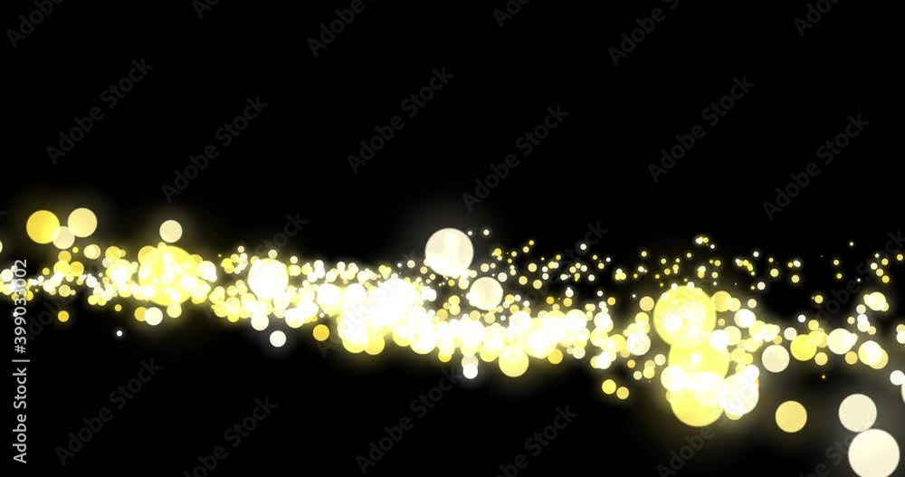 Poster floating golding lights sparkle and shine on black background. particles system waves with cirlces a