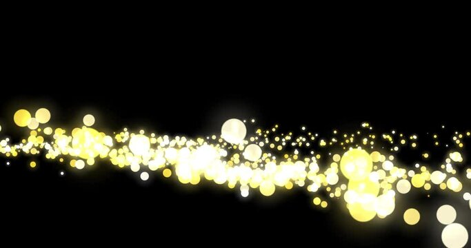 Floating golding lights sparkle and shine on black background. Particles system waves with cirlces and lights