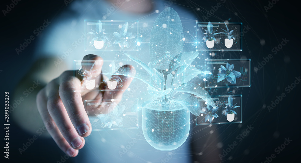 Leinwandbilder Man holding and touching holographic projection of a plant with digital analysis 3D rendering