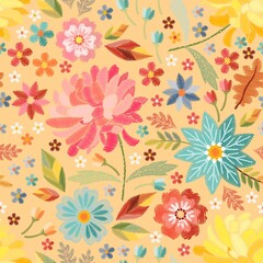 Fototapeta na wymiar Embroidery seamless pattern with colorful summer flowers. Print for fabric, textile. Vector embroidered illustration.