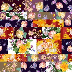 Colorful patchwork pattern with bright flowers and paisley. Seamless vector design