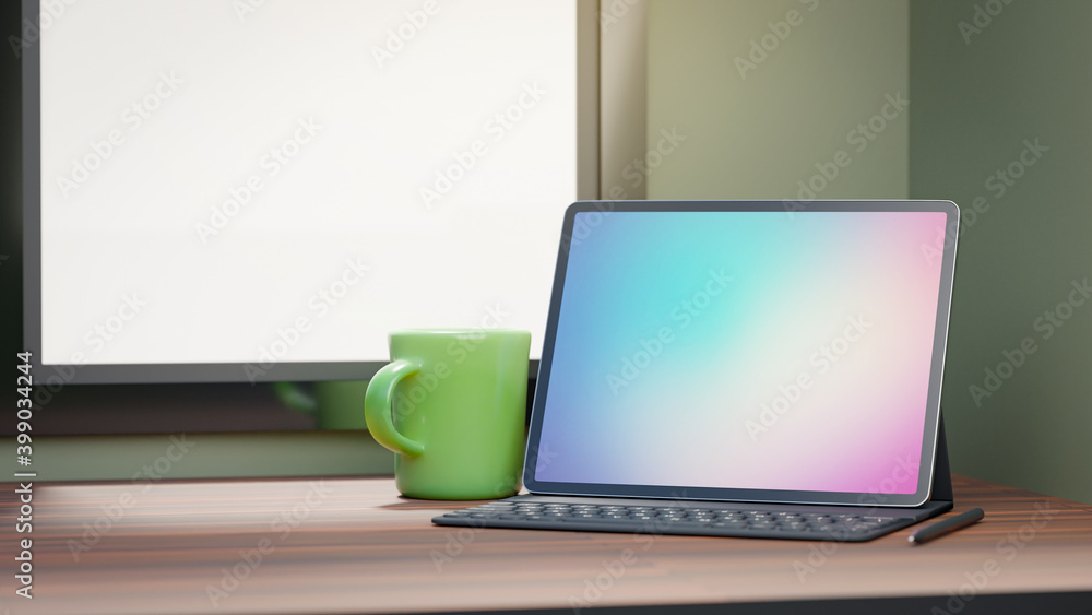 Poster big screen tablet with case keyboard and green coffee cup placed on wood table and wondows backgroun