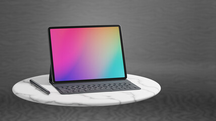 Big screen tablet with case keyboard placed on marble circle table and gray background. 3D rendering image.