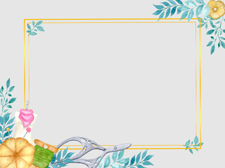 Obraz premium Watercolor square frame with sewing tools, vintage scissors, bobbin of thread, dummy pin cushion and twigs with leaves. Empty frame without text. Design for needlewomen, seamstresses, knitters.