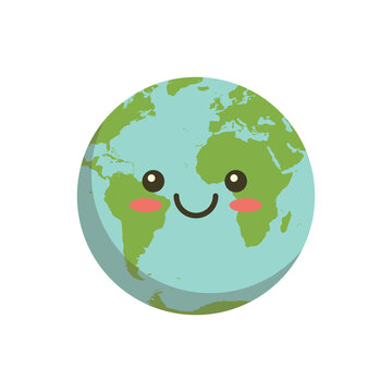 Smiling earth logo icon. Cartoon planet ball character isolated on white background vector illustration. Happy world earth