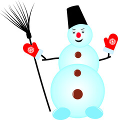A snowman with a broom and red mittens.