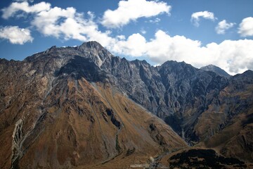 View from Gergeti to Mount Shani, is the highest mountain of Ingushetia on the border with Georgia. It is located on the ridge of the same name, which is a part of the Caucasian ridge, 4491 meters 