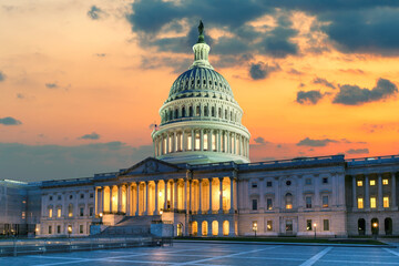 United States Capitol Building at sunset, Washington DC, USA.	