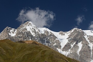 View from Ushguli on the massive wall of the third highest peak of the Caucasus 5,197 meters...