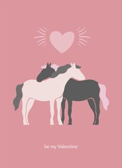 Two horses look at each other and embrace in isolation on pink. Banner concept about a couple of wild animals in love in vintage boho style. Valentine's day greeting card. Cartoon vector illustration.