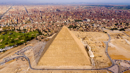 Aerial Landscape view of Pyramid of Khufu, Giza pyramids landscape. historical egypt pyramids shot...