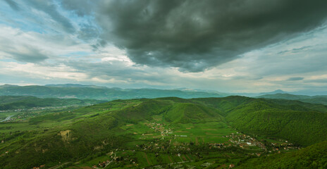 Bosnian Pyramid of the Moon. Landscape with forested ancient pyramid near the Visoko city, BIH, Bosnia and Herzegovina. Remains of mysterious old civilization.