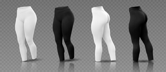 Women’s leggings mockup in  different sides, black and white isolated on a gray background. 3D realistic vector illustration - obrazy, fototapety, plakaty