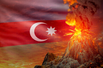 conical volcano eruption at night with explosion on Azerbaijan flag background, problems of eruption and volcanic earthquake conceptual 3D illustration of nature