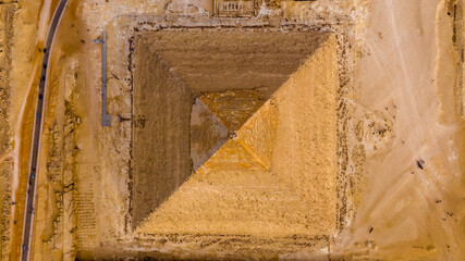 Aerial Vertical view of the pyramid of King Khafre, Giza pyramids landscape. historical egypt...