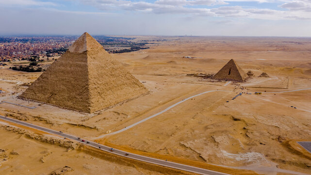 picture of the pyramid of King Menkaure and the pyramid of King Khafre - the great historical pyramids of Giza in the light of day, one of the Seven Wonders of the World, Giza - Egypt