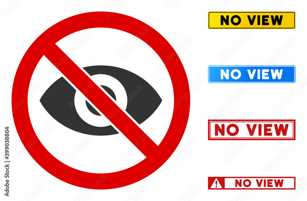 Poster no view sign with words in rectangle frames. illustration style is a flat iconic symbol inside red c